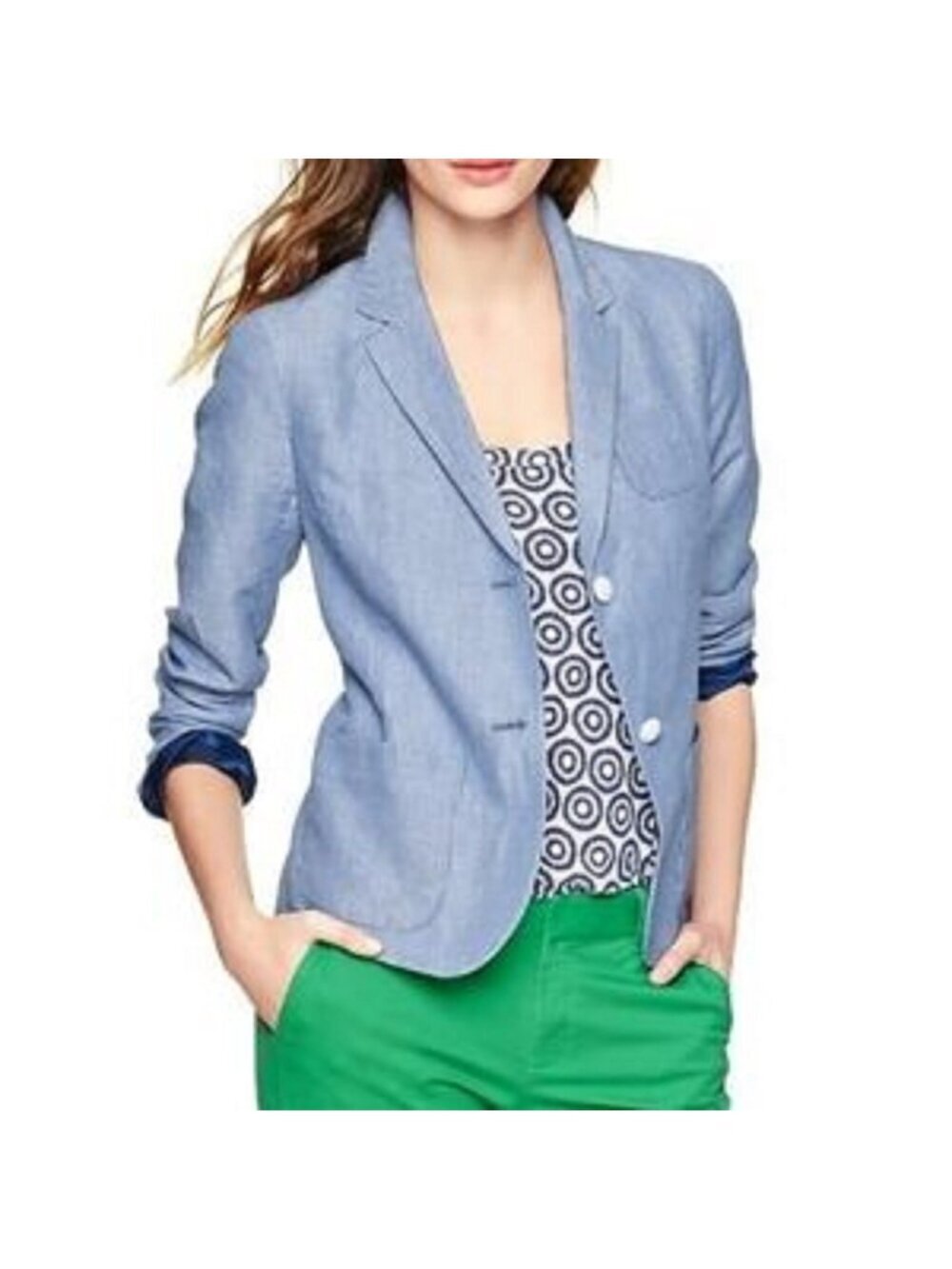 Gap Academy Linen Blend Blazer Jacket Womens size 10 Blue White Pin Stripe Lined
